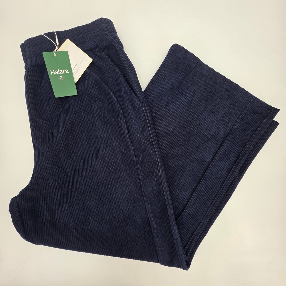 HALARA RIBBED HIGH WAIST WIDE LEG PANTS WOMENS LARGE PETITE BLUE POCKETS COMFORT